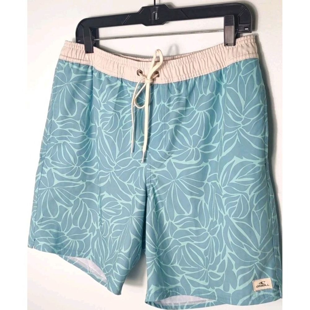 O'Neill Men's M Blue White Tropical Swim Trunks Elastic Waist Back Pocket